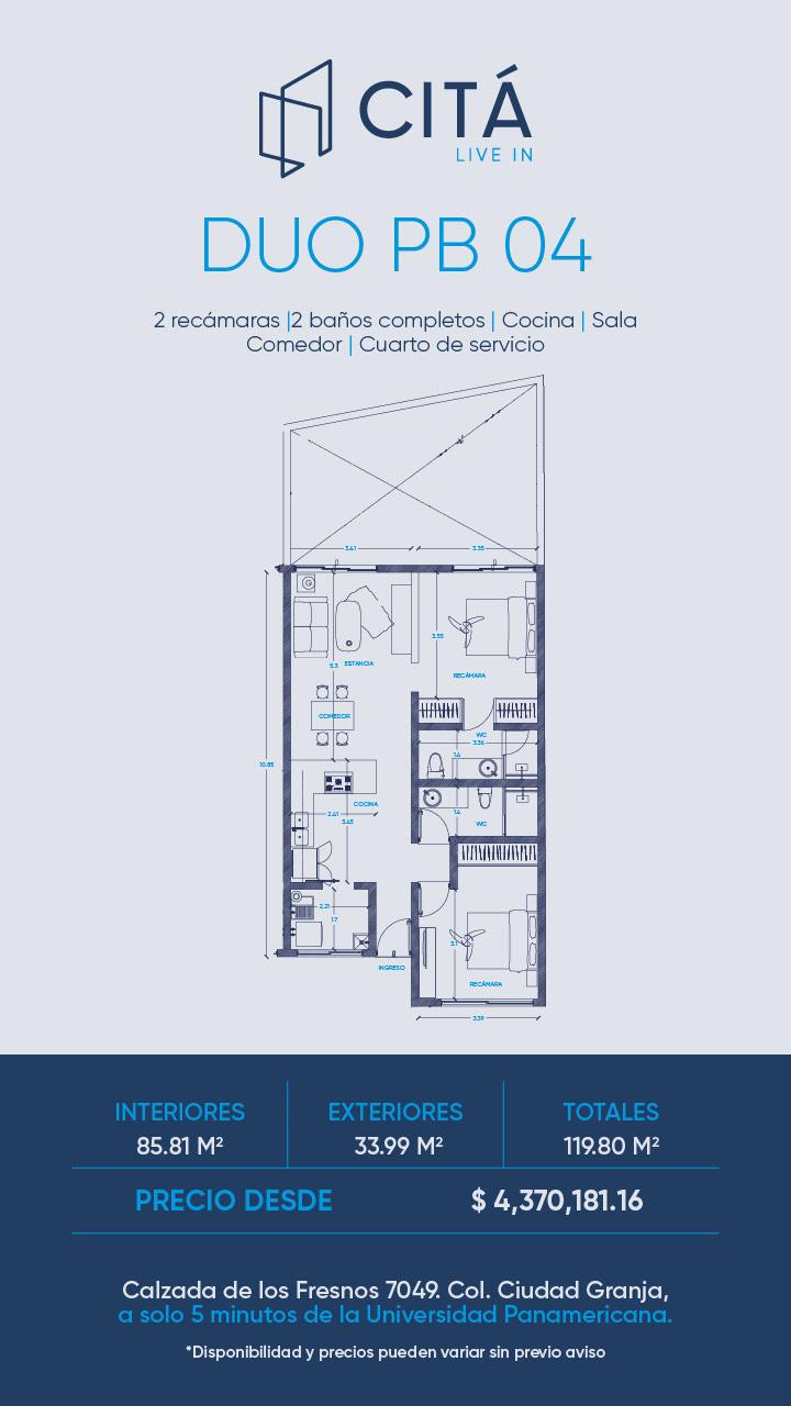 2 RECÁMARAS Y TERRAZA EN CD GRANJA - CITÁ LIVE IN 