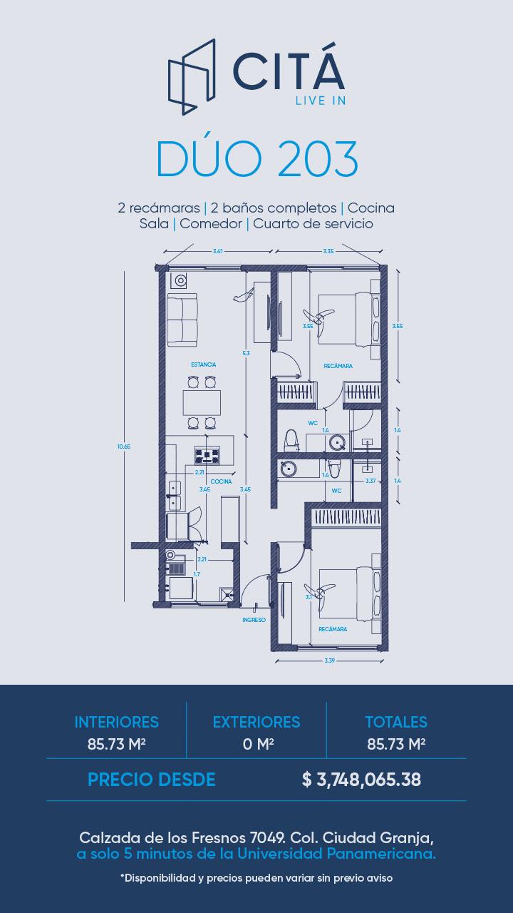 DEPARTAMENTO DE 2 RECÁMARAS EN CD GRANJA - CITÁ 🌳